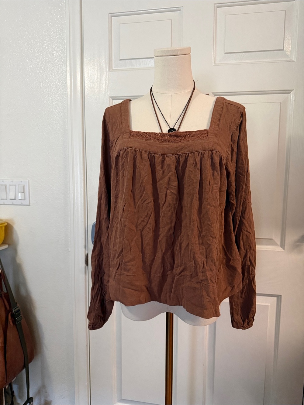 Women's Brown Square-Neck Peasant Blouse